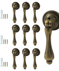 Antique Brass Door Handle Set 2.44 By 0.94 Inches Ten Pack With Tear-Drop Knobs Solid Zinc Construction Vintage Bronze Finish
