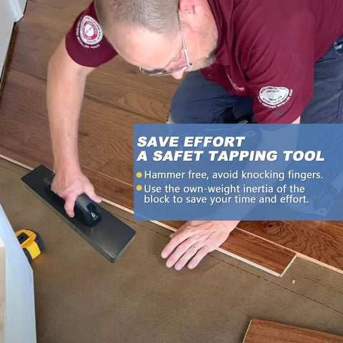 Person using Tapping Block For Floor Installation With Ergonomic Handle No Hammer Needed on wood planks, saves time and protects fingers