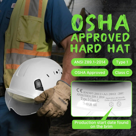 ANSI Z89.1 OSHA Approved Construction Hard Hat With Visor Built For All Day Comfort Ventilated White Safety Helmet Shown Side View