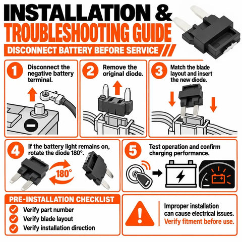 Installation and troubleshooting guide for High Output Eight Pack Multi Function Diode Set, detailing battery disconnect and diode replacement steps.