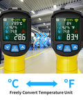Non Contact Infrared Thermometer With Laser Targeting And K-Type Probe, Digital Temp Gun shown in factory setting with dual screens