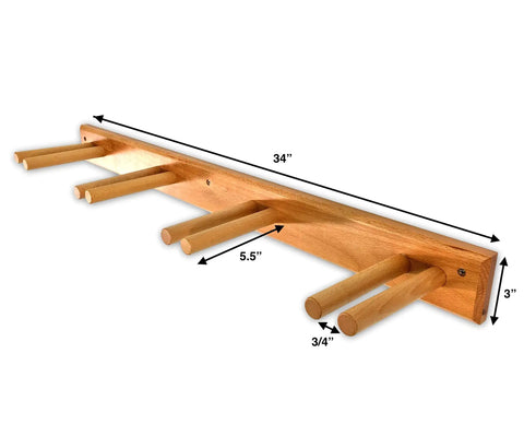 Timber Ski Wall Rack Four Pairs Vertical Ski Storage in natural wood with dimensions shown, mounted on wall at an angle.