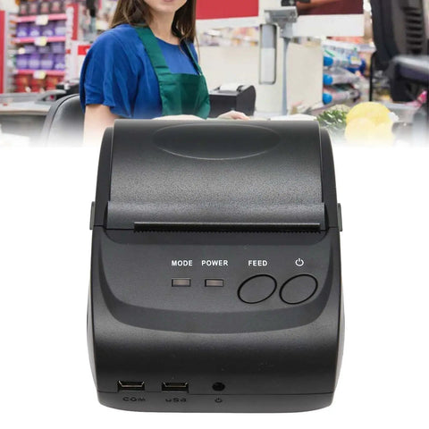 Blazing Fast 58mm Thermal Label Printer, Compact Desktop Receipt Machine ready for use with USB and COM ports.