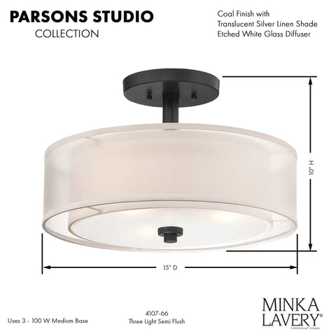 Parsons Studio Semi Flush Ceiling Light Fixture, Brushed Nickel, 3 Light, 15 Inch Diameter, 10 Inch Height, Dimmable