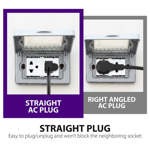 Outdoor Dual Timer Outlet Waterproof 24 Hour Mechanical Light Timer For Outdoor Lighting, shown with straight and right-angled AC plugs.