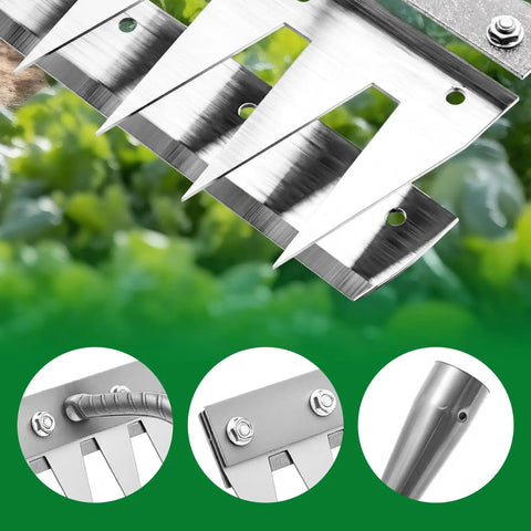 Close-up of Beast 8 Teeth Garden Weeding Rake Heavy Duty Carbon Steel Weed Puller Tool With Gloves, showing sharp blades and fittings