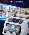 IMC22 Money Counter Machine For Mixed Denominations And Multi Currency, showing bills being counted with dual display