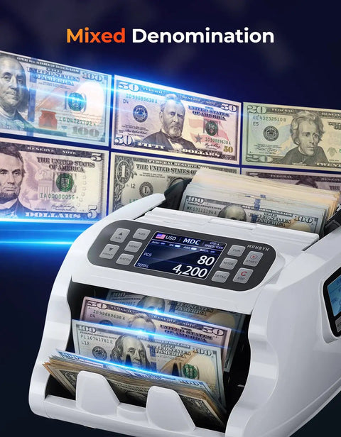 IMC22 Money Counter Machine For Mixed Denominations And Multi Currency, showing bills being counted with dual display