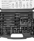Pro Grade 18 Piece Impact Socket Extension Set with Universal Joints in case, showing 1/4, 3/8, 1/2 inch drives and accessories.