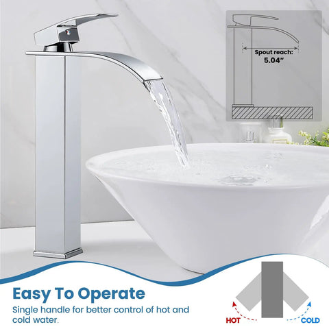 Tall Vessel Sink Faucet With Waterfall Flow Style Single Hole Install One Handle Mixer Tap Chrome Finish Pop Up Drain Premium SUS304 Stainless Steel Bathroom Lavatory Vanity Faucet 1.2 GPM Flow Durable Leak Free