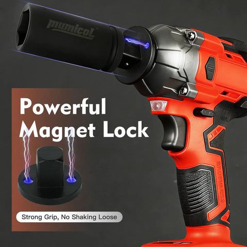 Powerful magnet lock on a red and black power drill displaying strong grip feature.