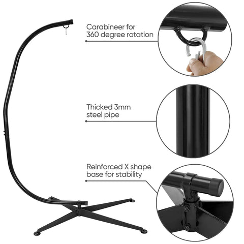Heavy Duty Steel Hanging Chair Stand For Hammock Swing Chair Indoor Outdoor C Frame Stand With X-Shape Base Stand Only Supports Up To 330 Lbs Durable All Steel Construction Easy Assembly No Fuss Assembly with close-up on components