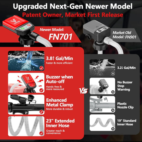 Electric Fuel Transfer Pump With Auto Stop For Gas Cans, 3.8 GPM Flow, 51 Inch Hose, Four Size Adapters, No Spill Gas Can Pump For Gasoline Diesel Kerosene, Gift For Men Dad Him 2nd Gen Red Black comparison model FN701 vs FN901