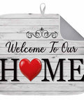Red Heart Dish Drying Mat For Kitchen Counter Super Absorbent Microfiber With Cushioned Layer, Welcome Home Design