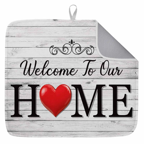 Red Heart Dish Drying Mat For Kitchen Counter Super Absorbent Microfiber With Cushioned Layer, Welcome Home Design