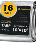 Heavy Duty Waterproof Tarp 10 By 10 Feet 16 Mil Multipurpose Shelter Cover showing folded silver tarp with label