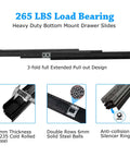 Heavy Duty Beefed Up Undermount Drawer Slides Bottom Mount Full Extension Ball Bearing Rails 24 Inch Pair 265lbs Load Capacity Cold Rolled Steel Under Staircase Pantry Cabinet 3 Fold Design showing 3-fold design, double rows of solid steel balls, and silencer ring.