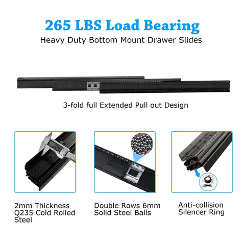 Heavy Duty Beefed Up Undermount Drawer Slides Bottom Mount Full Extension Ball Bearing Rails 24 Inch Pair 265lbs Load Capacity Cold Rolled Steel Under Staircase Pantry Cabinet 3 Fold Design showing 3-fold design, double rows of solid steel balls, and silencer ring.