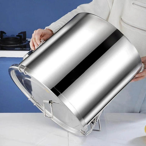 Heavy Duty 26 Gallon Airtight Food Dispenser Bucket For Bulk Flour Rice Coffee Beans Keep Pantry Staples Crisp With This Legit Canister being held.