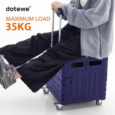 Person sitting on purple Grab And Go Foldable Utility Cart With Lid On Wheels Portable Rolling Handcart 100 lb capacity