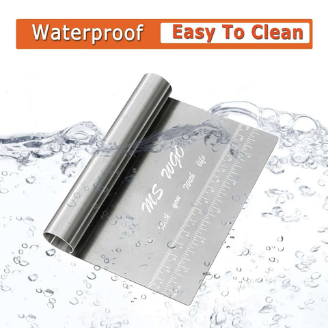 Stainless Steel Pastry Scraper Cutter Chopper With Measuring Scale shown underwater, highlighting waterproof and easy-clean features.