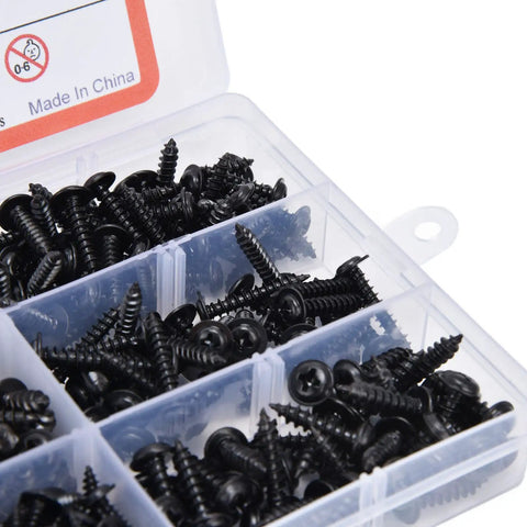 380Pcs Self Tapping Screws Kit Black Carbon Steel Round Head Self Drilling Screws With Washer For Sheet Metal Wood