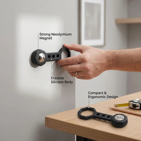 Aolidsive 2 Pcs Magnetic Stud Finder Portable Handheld Wall Stud Detector showing strong magnet and silicone body on wall.