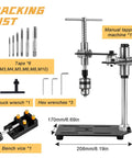 Badass Manual Tapping Machine With Swivel Bench Stand And Tight Grip Chuck For Smooth M3 To M10 Threading Garage Built Extra Heavy Duty Workshop Gear with taps and tools.