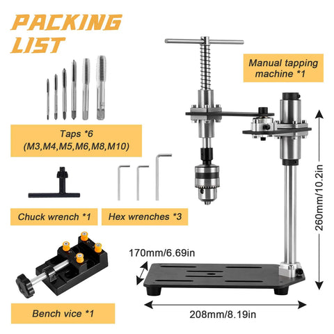 Badass Manual Tapping Machine With Swivel Bench Stand And Tight Grip Chuck For Smooth M3 To M10 Threading Garage Built Extra Heavy Duty Workshop Gear with taps and tools.