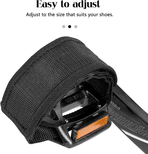 One Pair Bike Pedal Straps Toe Clips With Adjustable Grippy Anti Slip Tape showing close-up on adjustable strap and pedal