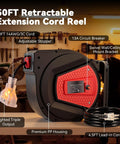Auto Retracting 50 Foot Heavy Duty Cord Reel For Garage And Workshop, 14AWG 3C SJTOW, swivel bracket, 3 outlet bank