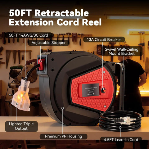 Auto Retracting 50 Foot Heavy Duty Cord Reel For Garage And Workshop, 14AWG 3C SJTOW, swivel bracket, 3 outlet bank