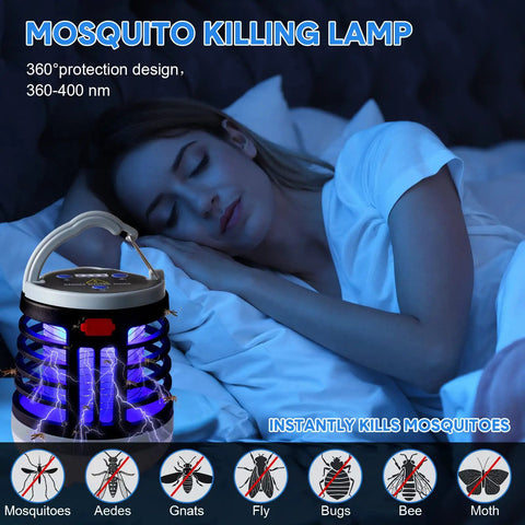 Woman sleeping beside Two Pack 3 In 1 Bug Zapper With USB Rechargeable Battery Waterproof Mosquito Killer Outdoor Indoor LED Lantern Camp Light And SOS Emergency Light For Home Backyard showing mosquito protection design.