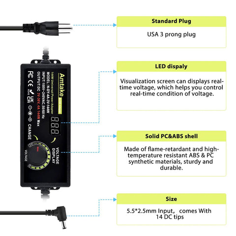 Adjustable Universal Power Supply Adapter 4A 144W Variable DC Output 3V To 36V With 14 Tips Polarity Converter diagram