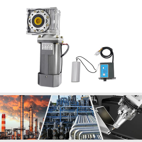 AC 110V 370W worm gear motor with 1:50 reducer and speed controller; silver gearbox and blue control box included.