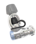 Regulator First Stage Dust Cap Yoke, Durable EPDM Cover for Scuba Diving, attached to shiny metal yoke connection.