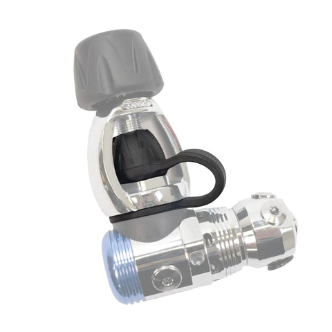 Regulator First Stage Dust Cap Yoke, Durable EPDM Cover for Scuba Diving, attached to shiny metal yoke connection.