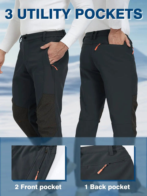Men's Ski Waterproof Insulated Softshell Snow Pants with Fleece Lining and Zipper Pockets for Snowboarding, Dark Gray, showing utility pockets.