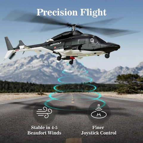 Airwolf RC Helicopter 1:27 Scale Ready To Fly With Auto Hover showcasing precision flight over a scenic mountain road.
