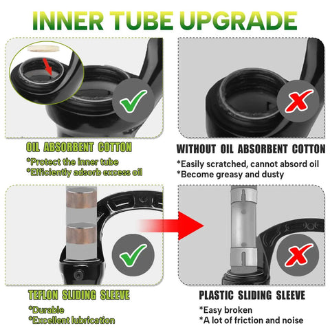 Comparison of inner tube features for Beefy 140mm MTB Front Fork With 34mm Stanchions, highlighting oil absorbent cotton and teflon sleeve.