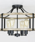 Farmhouse 4 Light Ceiling Fixture, 18-Inch Rustic Drum Cage Semi Flush Mount Light in Black and Wood Grain Finish