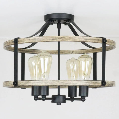 Farmhouse 4 Light Ceiling Fixture, 18-Inch Rustic Drum Cage Semi Flush Mount Light in Black and Wood Grain Finish