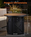 2-In-1 50,000 BTU Propane Fire Pit Table, 30 inch round, with removable cover shown in patio, labeled dimensions: 30x25 inches