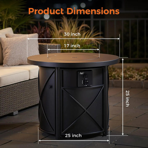 2-In-1 50,000 BTU Propane Fire Pit Table, 30 inch round, with removable cover shown in patio, labeled dimensions: 30x25 inches