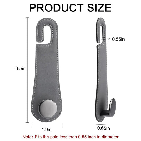 Badass Leather Car Headrest Hooks Two Pack Hella Sturdy Seat Storage Hangers For Bags And Groceries Top Shelf Ride Setup Gray dimensions 6.5in x 1.9in