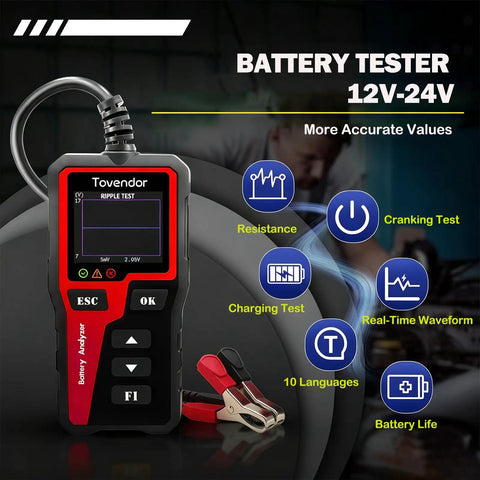 All In One Car Battery Tester 6V 12V 24V With Alternator And Load Testing Checks Battery Health For Lead Acid AGM GEL EFB And LiFePO4 With Voltage And Health Readouts Not Compatible With 48V Systems, handheld tester with clamps
