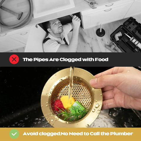 Brushed Gold 4.4 Inch Kitchen Sink Drain Strainer 2 Pack Hair Catcher Basket Filter for Bathroom adding door plumbing protection.