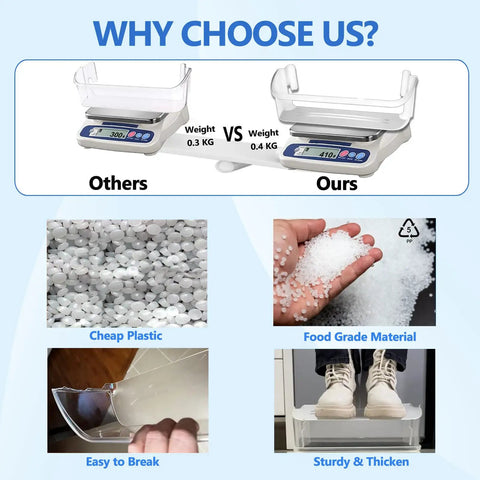 Comparison of refrigerator door bin materials and durability, showcasing easier installation and sturdier design for long-term use.