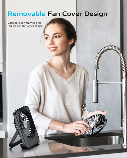 Removable cover of Portable Desk Fan With 4000mAh Battery being cleaned under sink by woman