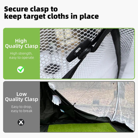 Secure clasp on the Massive 10x7ft Golf Practice Net With 5 Real Balls, Tri Turf Mat, And Portable Storage Bag for stability.